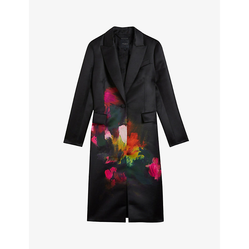 Shop Ted Baker Anastay Abstract-print Single-breasted Satin Coat In Black