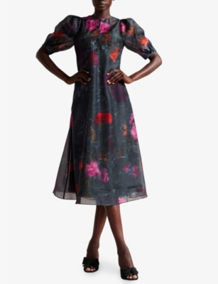 Shop Ted Baker Womens Black Mekayla Floral-print Empire-line Midi Dress