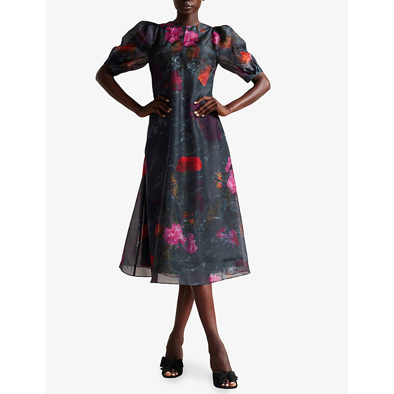 Shop Ted Baker Women's Black Mekayla Floral-print Empire-line Midi Dress