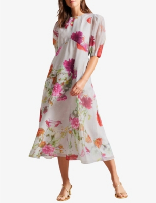 Shop Ted Baker Women's White Mekayla Floral-print Empire-line Midi Dress