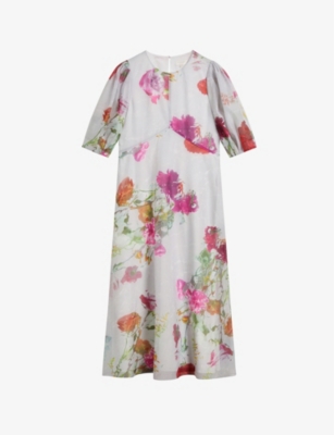 Shop Ted Baker Women's White Mekayla Floral-print Empire-line Midi Dress