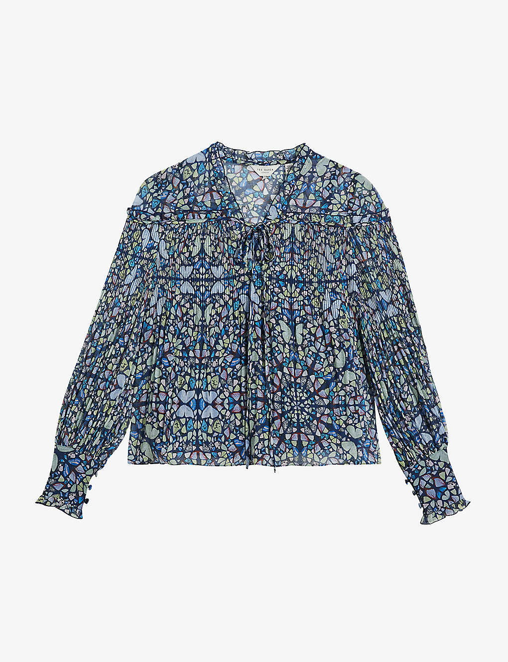 Shop Ted Baker Florrei Kaleidoscopic-print Pleated Recycled Polyester-blend Blouse In Mid-blue