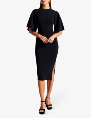 Shop Ted Baker Women's Black Lounia Fluted-sleeved Bodycon Stretch-knit Midi Dress