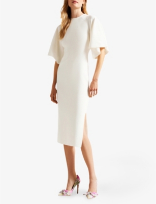 Shop Ted Baker Womens White Lounia Fluted-sleeved Bodycon Stretch-knit Midi Dress