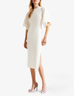 Shop Ted Baker Women's White Lounia Fluted-sleeved Bodycon Stretch-knit Midi Dress