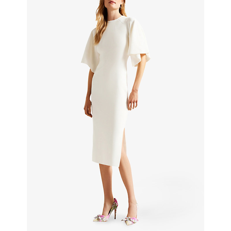 Shop Ted Baker Lounia Fluted-sleeved Bodycon Stretch-knit Midi Dress In White
