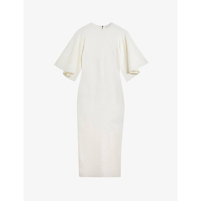 Shop Ted Baker Lounia Fluted-sleeved Bodycon Stretch-knit Midi Dress In White
