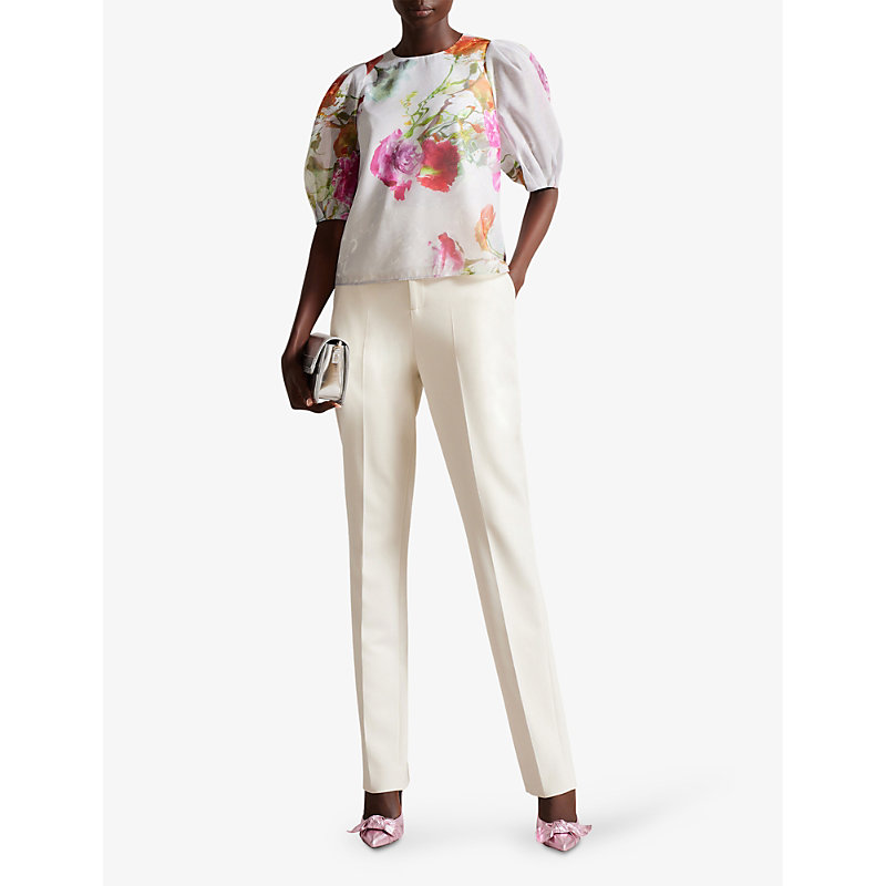 Shop Ted Baker Womens White Ayymee Floral-print Puff-sleeved Woven Top