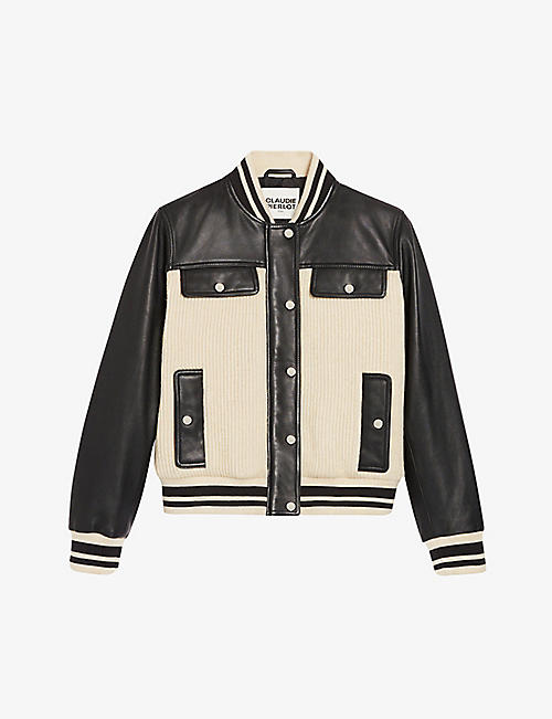 CLAUDIE PIERLOT: Contrast panelled leather and knit bomber jacket