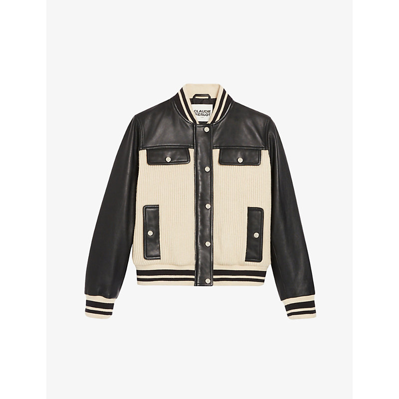 Claudie Pierlot Womens Divers Contrast Panelled Leather And Knit Bomber Jacket