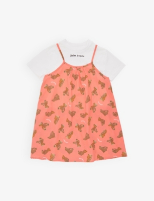 PALM ANGELS PALM ANGELS GIRLS WHITE CORAL KIDS BEAR-PRINT WOVEN DRESS 4-12 YEARS,64458619