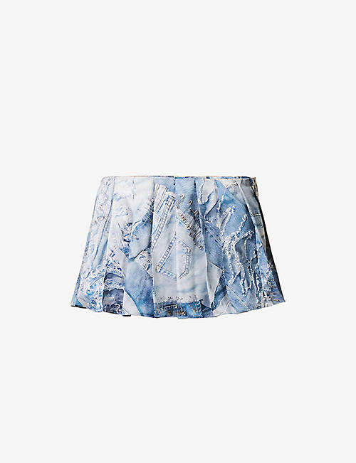 NATASHA ZINKO: Denim-print silk-blend shorts