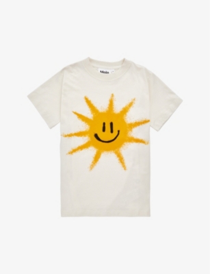 Molo Boys Sun Smile Kids Road Sun-printed Organic-cotton T-shirt In Ivory