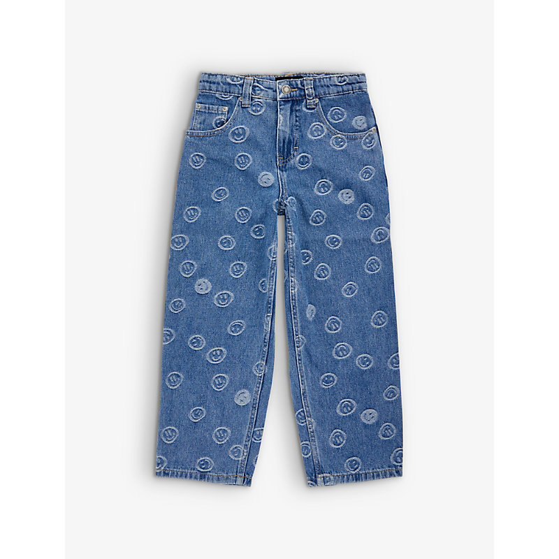 MOLO MOLO BOYS BLUE HAPPINESS KIDS AIDEN SMILEY-FACE JEANS 4-13 YEARS,64462296