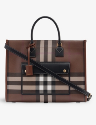 Burberry Check and Leather Freya Tote Bag Medium Dark Birch Brown in  Cotton/Polyurethane with Gold-tone - US