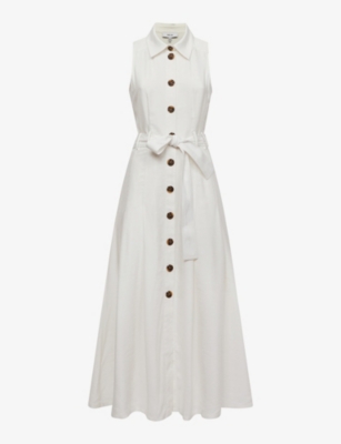 Reiss Milena Button-through Tied-waist Woven Midi Dress In Ivory | ModeSens