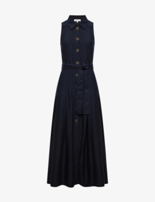 Reiss Womens Navy Milena Button-through Tied-waist Woven Midi Dress