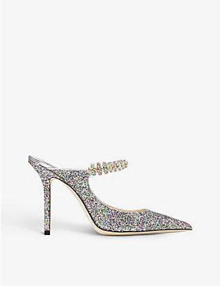 JIMMY CHOO: Bing 100 crystal-embellished fabric heeled mules
