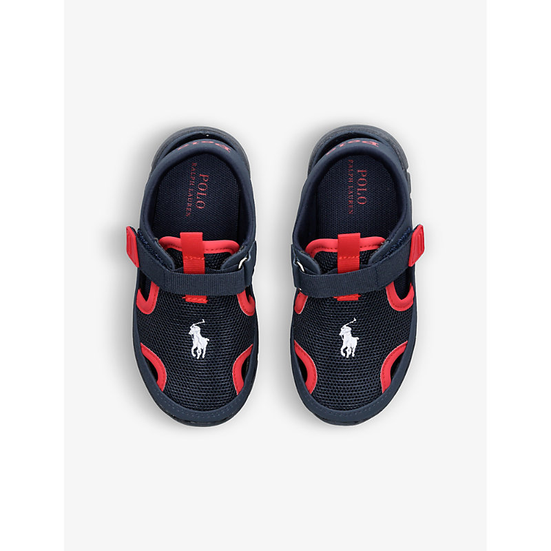 Shop Polo Ralph Lauren Womens Navy Barnes Embroidered-logo Mesh And Faux-suede Sandals 6 Months - 4 Years