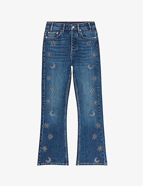 MAJE: Crystal-embellished flared high-rise stretch-denim jeans
