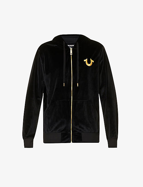 TRUE RELIGION: Logo-embroidered zip-up stretch-velour hoody
