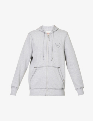 True Religion Men's Classic Logo Zip Up Drawstring Hoodie - Heather Grey - Size XL