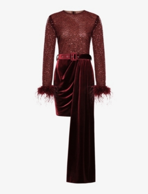green emerald velvet dress LAVISH ALICE PLEATED ASYMMETRIC OFF SHOULDER MIDI DRESS – Arelia's Dream main image 1