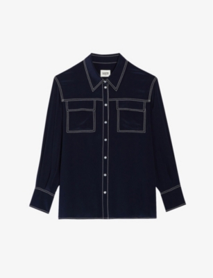 Claudie Pierlot Womens Bleus Candice Contrast-stitch Silk Shirt