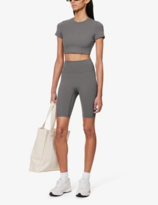 Shop Adanola Womens Fitted Cropped Stretch-woven T-shirt Dark Grey Xl