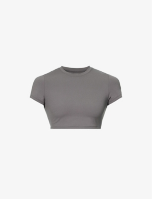 Adanola Womens Dark Grey Fitted Cropped Stretch-woven T-shirt