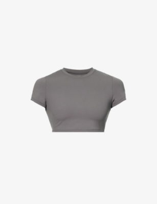Adanola Womens Dark Grey Fitted Cropped Stretch-woven T-shirt