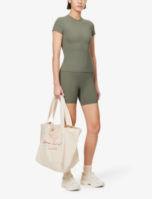 Shop Adanola Women's Olive Green Soft Basics Brand-print Stretch-woven T-shirt