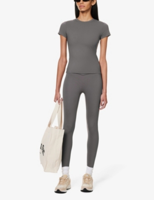 Shop Adanola Womens Dark Grey Fitted Logo-print Stretch-woven T-shirt