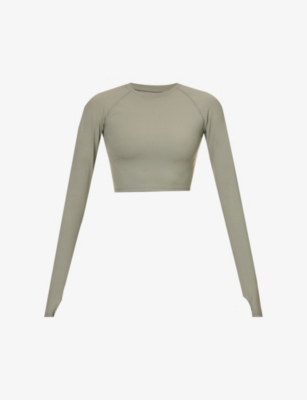 ADANOLA: Fitted long-sleeved cropped stretch-woven T-shirt