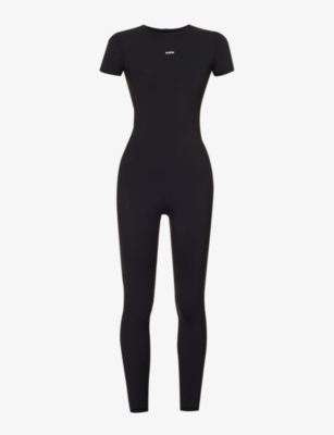 Adanola Womens Black Ultimate Short-sleeved Stretch-woven Unitard