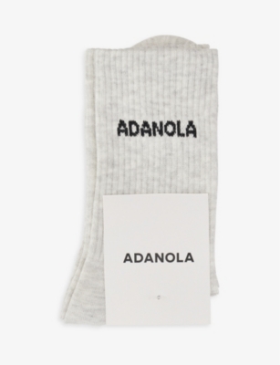 Adanola Womens Light Grey Melange Logo-intarsia Ribbed Stretch-bamboo Blend Socks