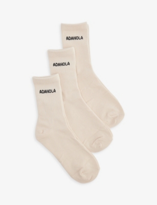 Adanola Womens Cream Logo-intarsia Ribbed Pack Of Three Stretch-bamboo Blend Socks