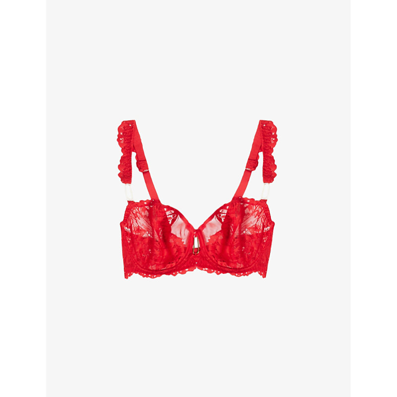 Aubade Womens Rouge Floral Floral-embroidered Adjustable-strap Lace Balconette Bra In Red