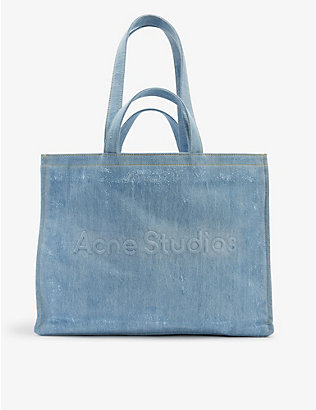 ACNE STUDIOS: Logo-embossed faded-wash denim tote bag
