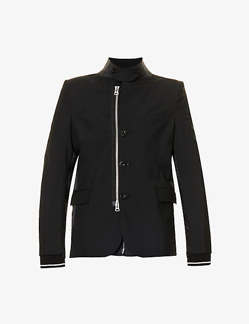 SACAI: Stand-collar contrasting-panel woven jacket