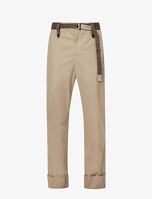 SACAI: Contrast-belt straight-leg mid-rise cotton trousers