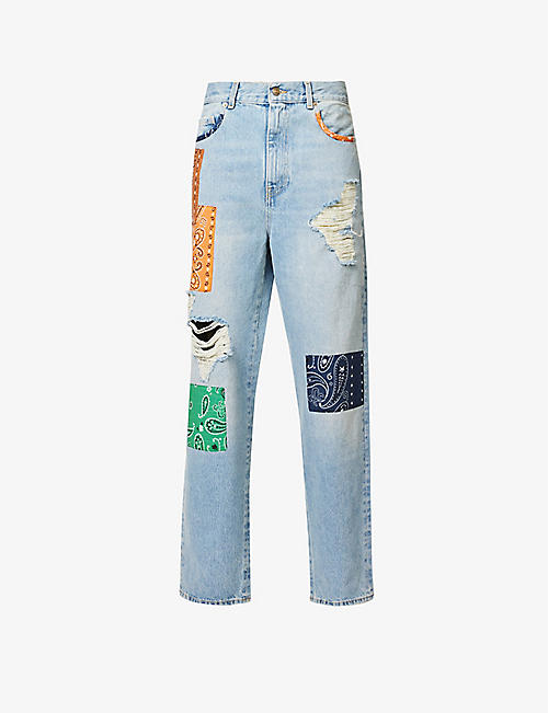 ALANUI: California Patchwork distressed-trim straight-leg relaxed-fit jeans