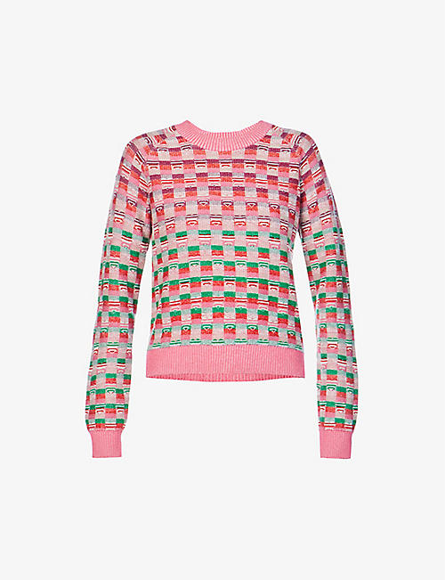 BARRIE: Geometric-pattern cropped cashmere and wool-blend jumper