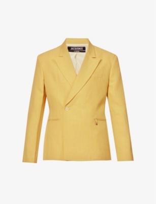 JACQUEMUS JACQUEMUS MEN'S YELLOW LA VESTE MADERO DOUBLE-BREASTED RELAXED-FIT LINEN-BLEND JACKET,64566826