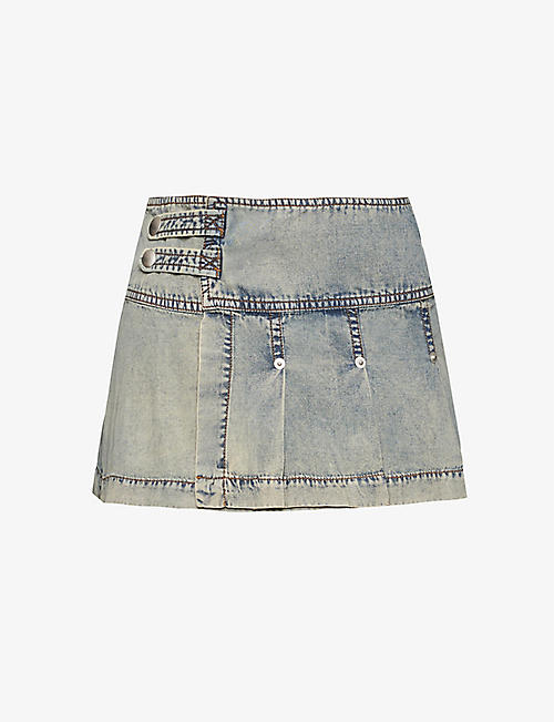 KNWLS: Issa low-waist faded-wash woven mini skirt