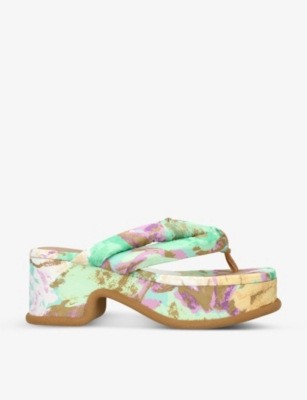 Dries Van Noten Multicolor Printed Platform Heeled Sandals In Green/pink/brown