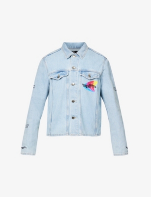 Msftsrep Mens Blue Trippy Summer Graphic-branded Denim Jacket In Blue