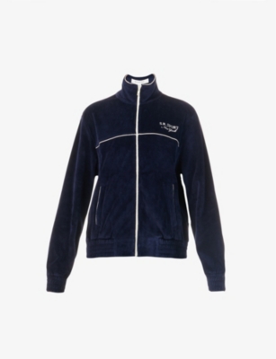 Sporty And Rich Brand-embroidered High-neck Velvet Jacket In Navy