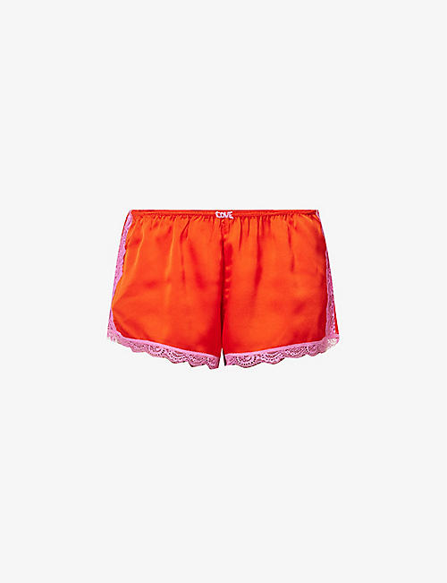 LOVE STORIES: Apollo lace-embellished recycled polyester-blend shorts