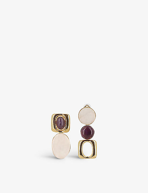 DESTREE: Sonia 24ct yellow-gold plated brass, white jade and amethyst drop earrings